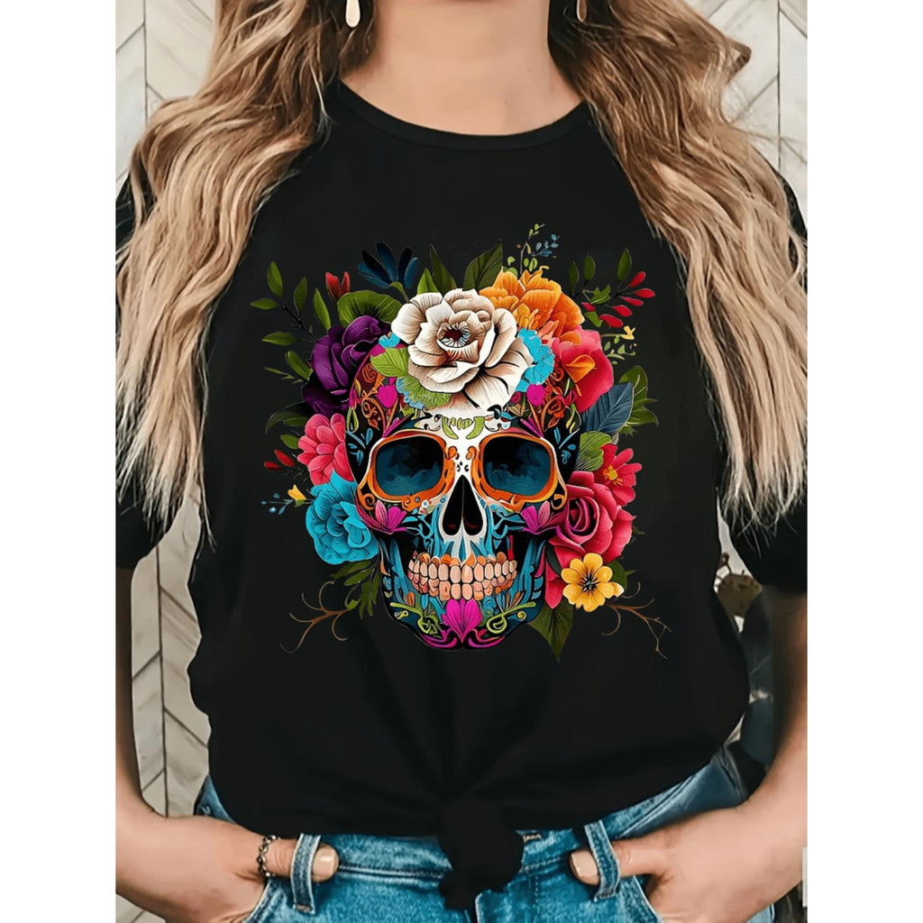 Plus Size Womens Day Of The Dead Graphic T Shirt Featuring Vibrant Skull And Floral Print Short Sleeve Crew Neck Casual All Season Comfort Fit Machine Washable Festival Outfit Trendy