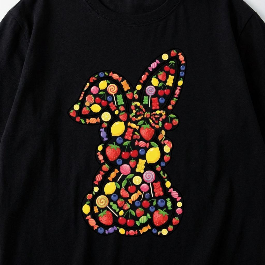 Casual Women Round Neck Short Sleeve T Shirt Featuring Easter Bunny With Bow And Colorful Swirls Print Perfect For Spring Festival And Holiday Wear Unique Swirl Print Design Top