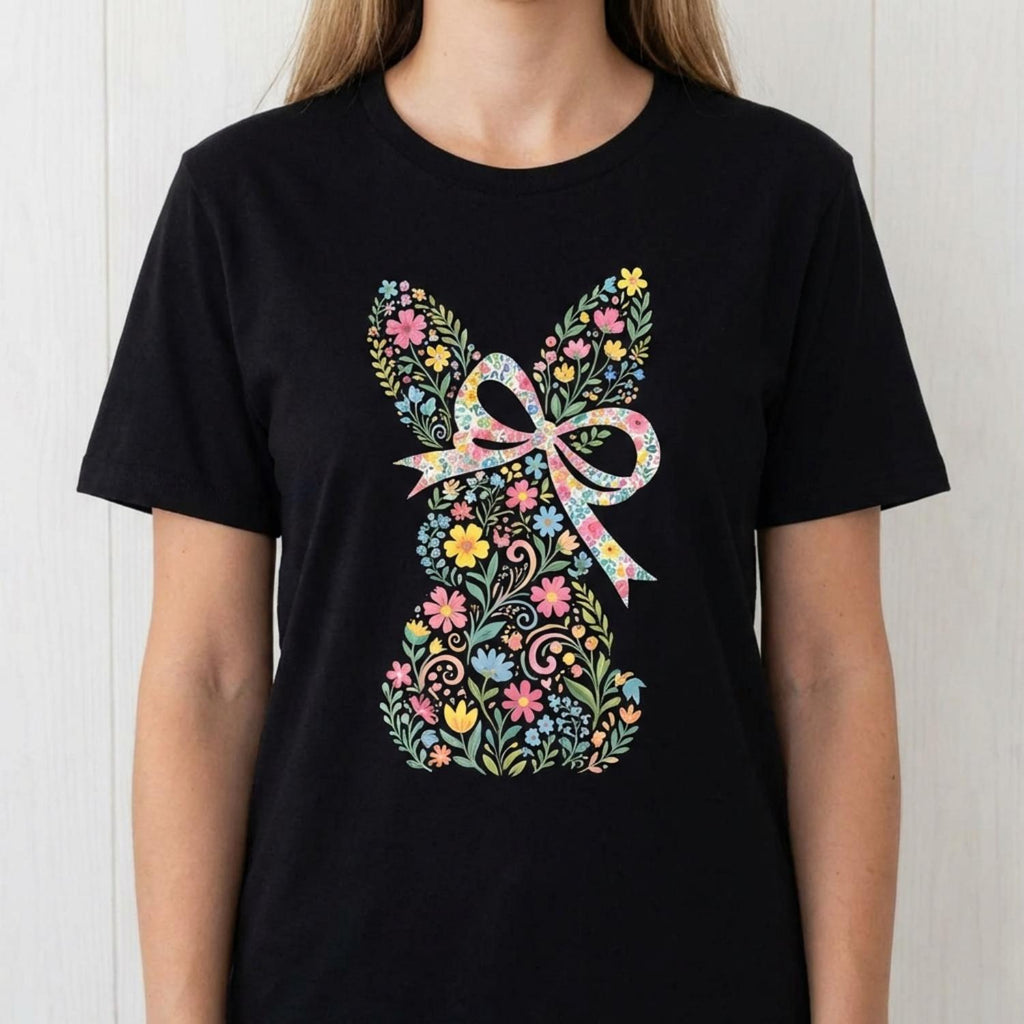 Casual Womens Round Neck Short Sleeve T Shirt Featuring Easter Bunny With Bow And Colorful Swirls Print Ideal For Spring Festival Holiday Wear Made From Soft Skin Friendly Fabric