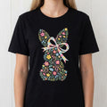 Casual Womens Round Neck Short Sleeve T Shirt Featuring Easter Bunny With Bow And Colorful Swirls Print Ideal For Spring Festival Holiday Wear Made From Soft Skin Friendly Fabric