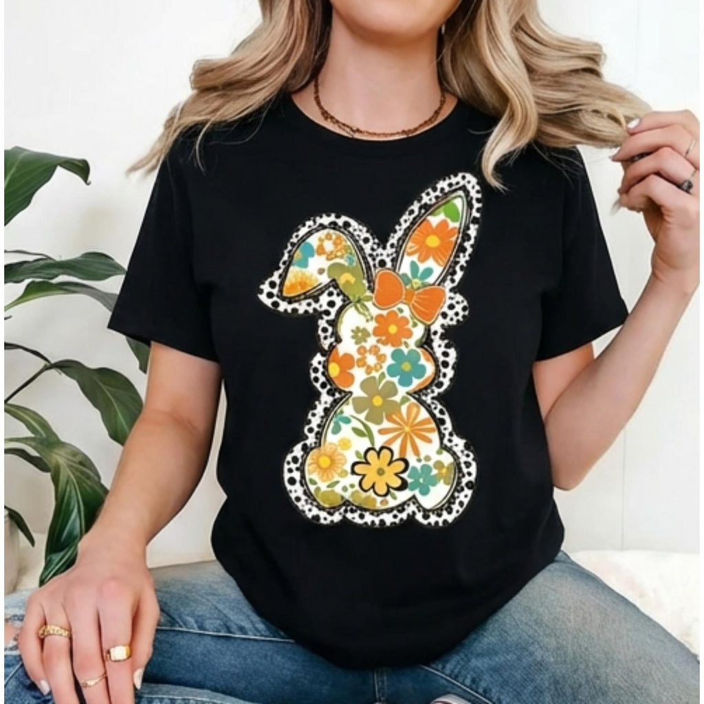 Casual Womens Round Neck Short Sleeve Tee Featuring Easter Bunny With Bow And Colorful Swirls Print For Spring Festival Holiday Wear And Holiday Vibes Comfy Casual Top