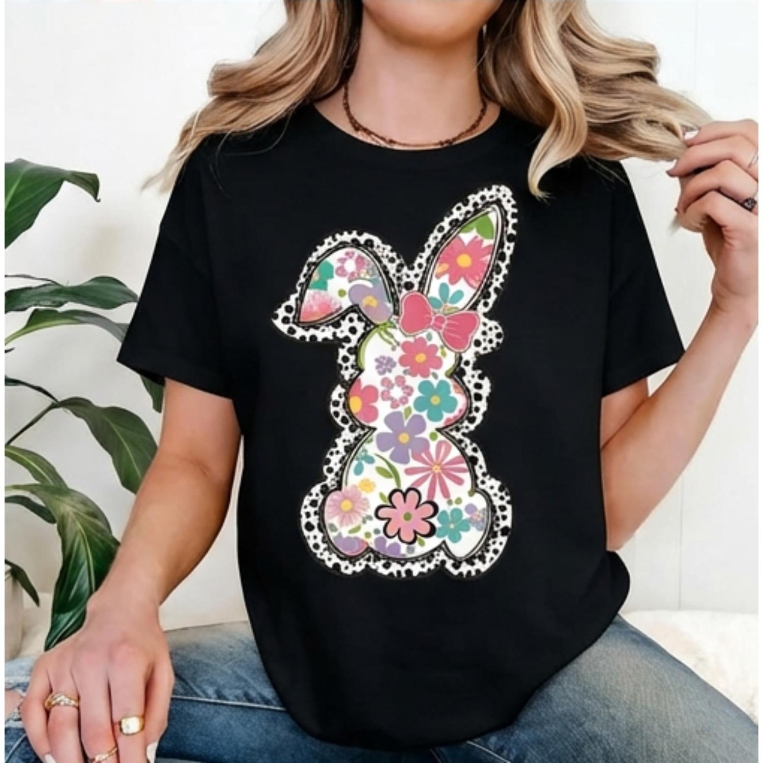 Casual Women Round Neck Short Sleeve T Shirt Featuring Easter Bunny With Bow And Colorful Swirls Print Ideal For Spring Festival And Holiday Wear Easter Season Essential Tee