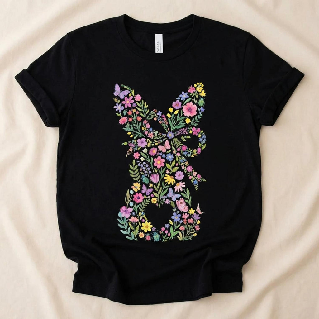 Casual Women's Round Neck Short Sleeve T Shirt with Easter Bunny and Bow Design in Colorful Swirls Perfect for Spring Festival and Holiday Wear