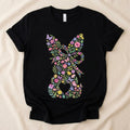 Casual Women's Round Neck Short Sleeve T Shirt with Easter Bunny and Bow Design in Colorful Swirls Perfect for Spring Festival and Holiday Wear