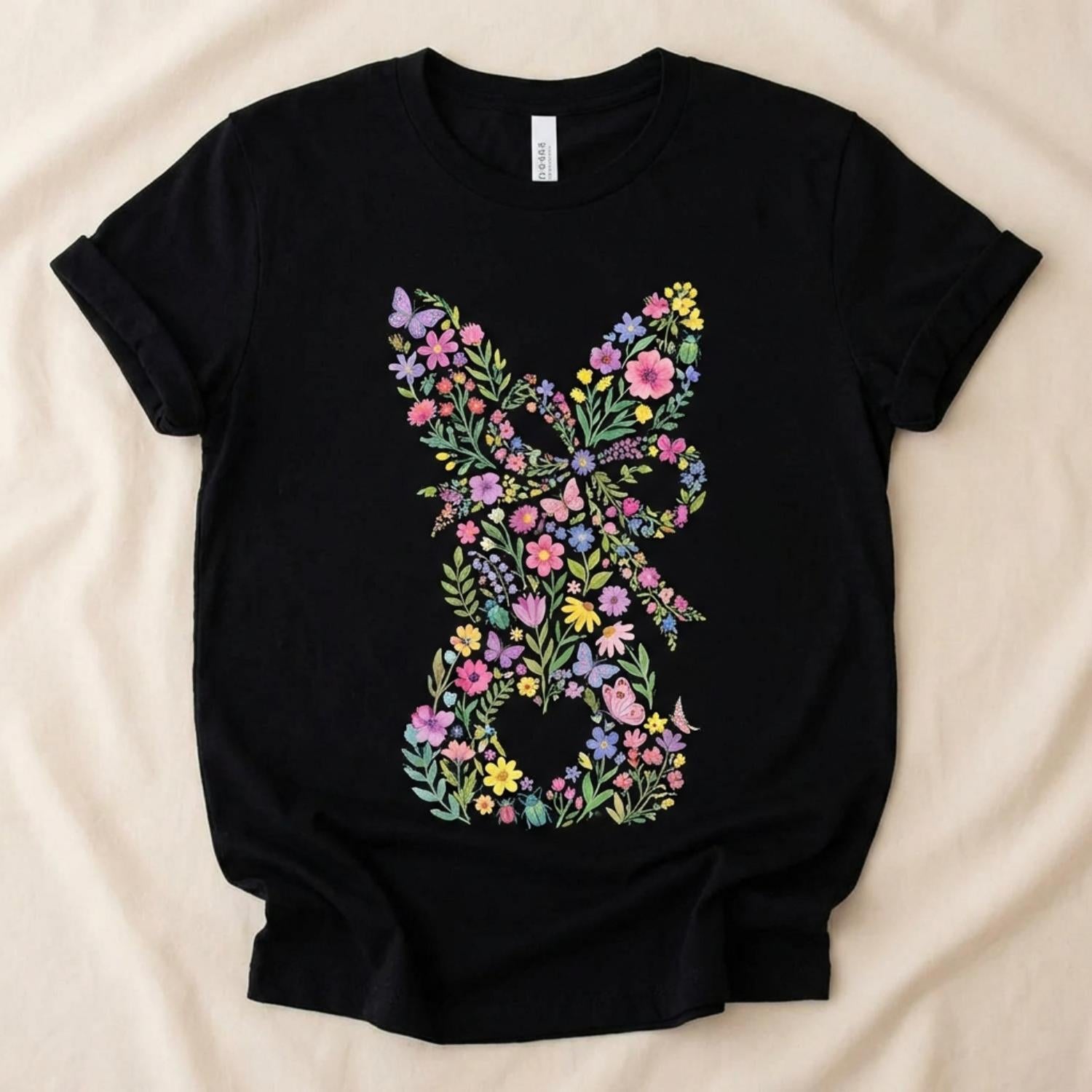 Casual Women's Round Neck Short Sleeve T Shirt with Easter Bunny and Bow Design in Colorful Swirls Perfect for Spring Festival and Holiday Wear