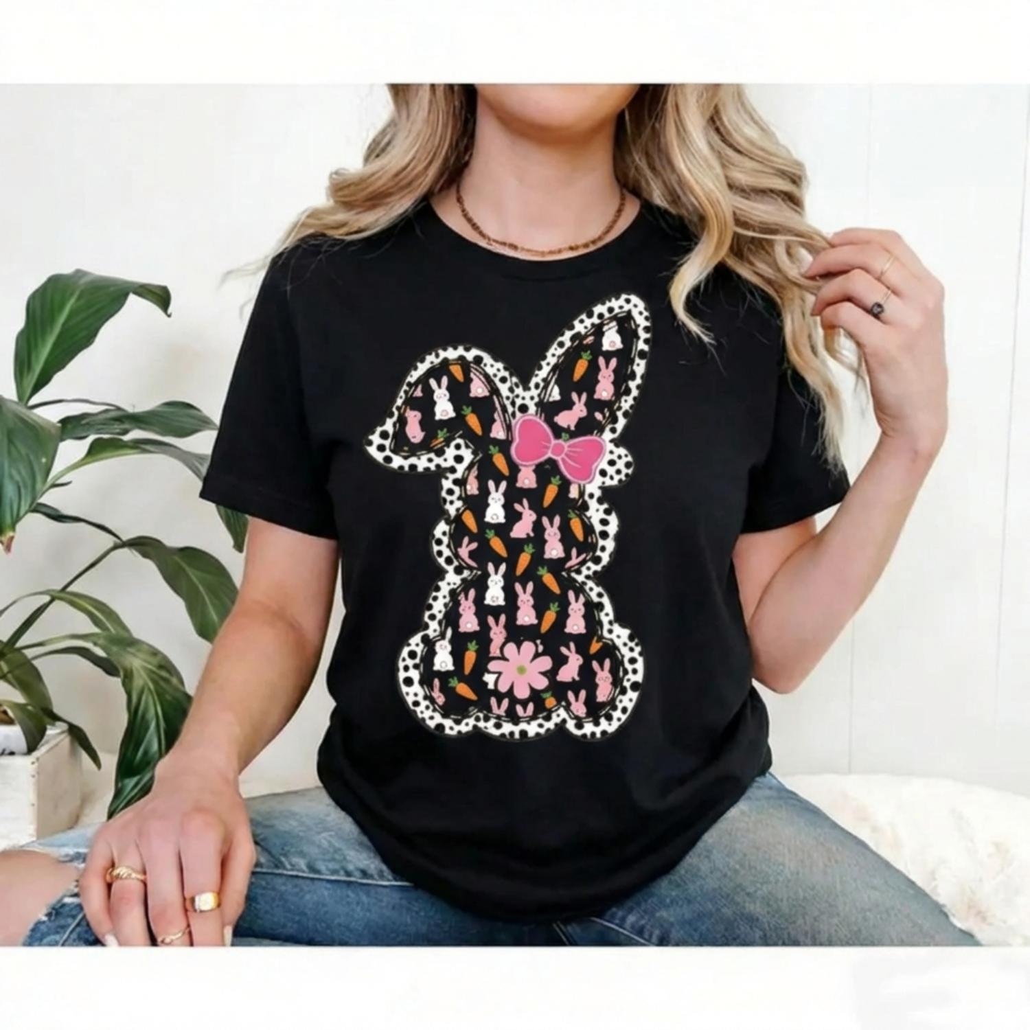 Casual Womens Round Neck Short Sleeve T Shirt Featuring Easter Bunny With Bow And Colorful Swirls Print Perfect For Spring Festival And Holiday Casual Wear
