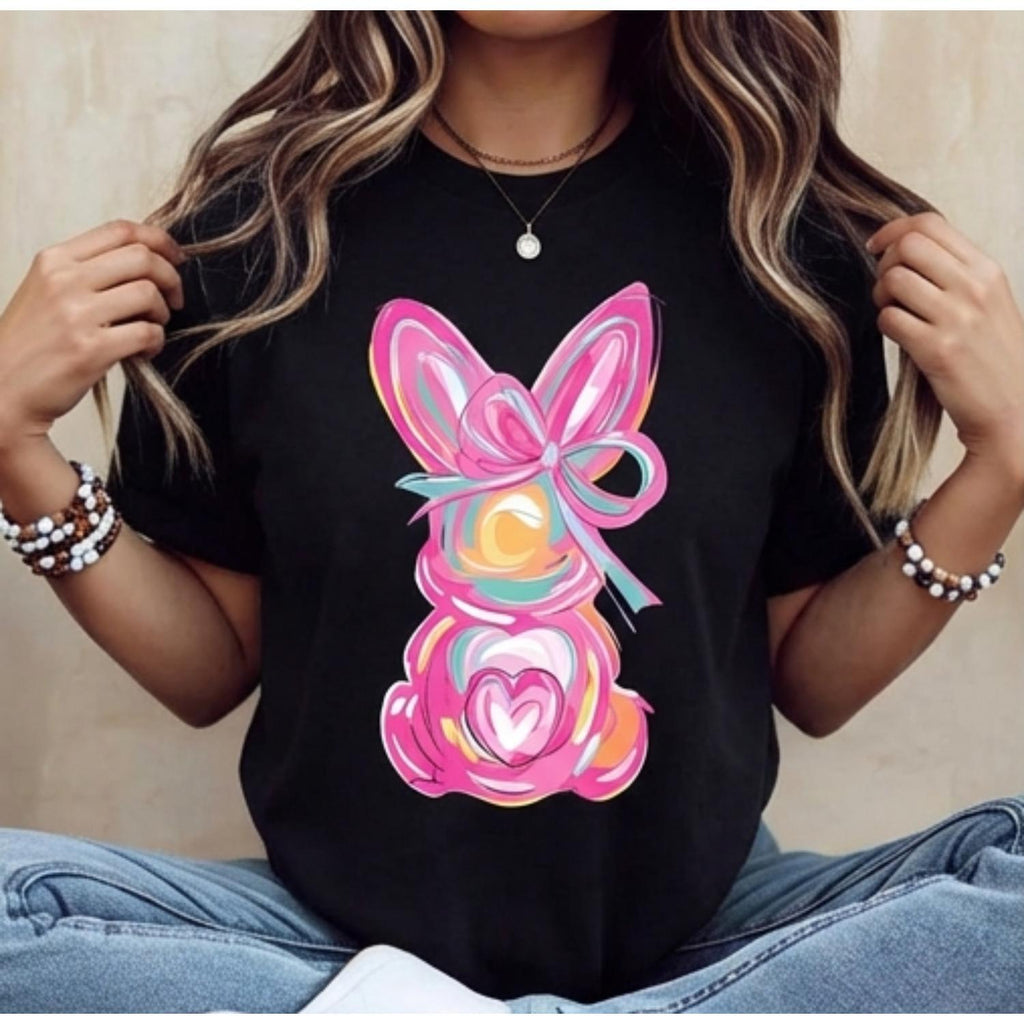 Casual Womens Round Neck Short Sleeve T Shirt Featuring Easter Bunny With Bow And Colorful Swirls Print Designed For Spring Festival And Holiday Wear Cute Holiday Fashion Tee