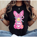 Casual Womens Round Neck Short Sleeve T Shirt Featuring Easter Bunny With Bow And Colorful Swirls Print Designed For Spring Festival And Holiday Wear Cute Holiday Fashion Tee