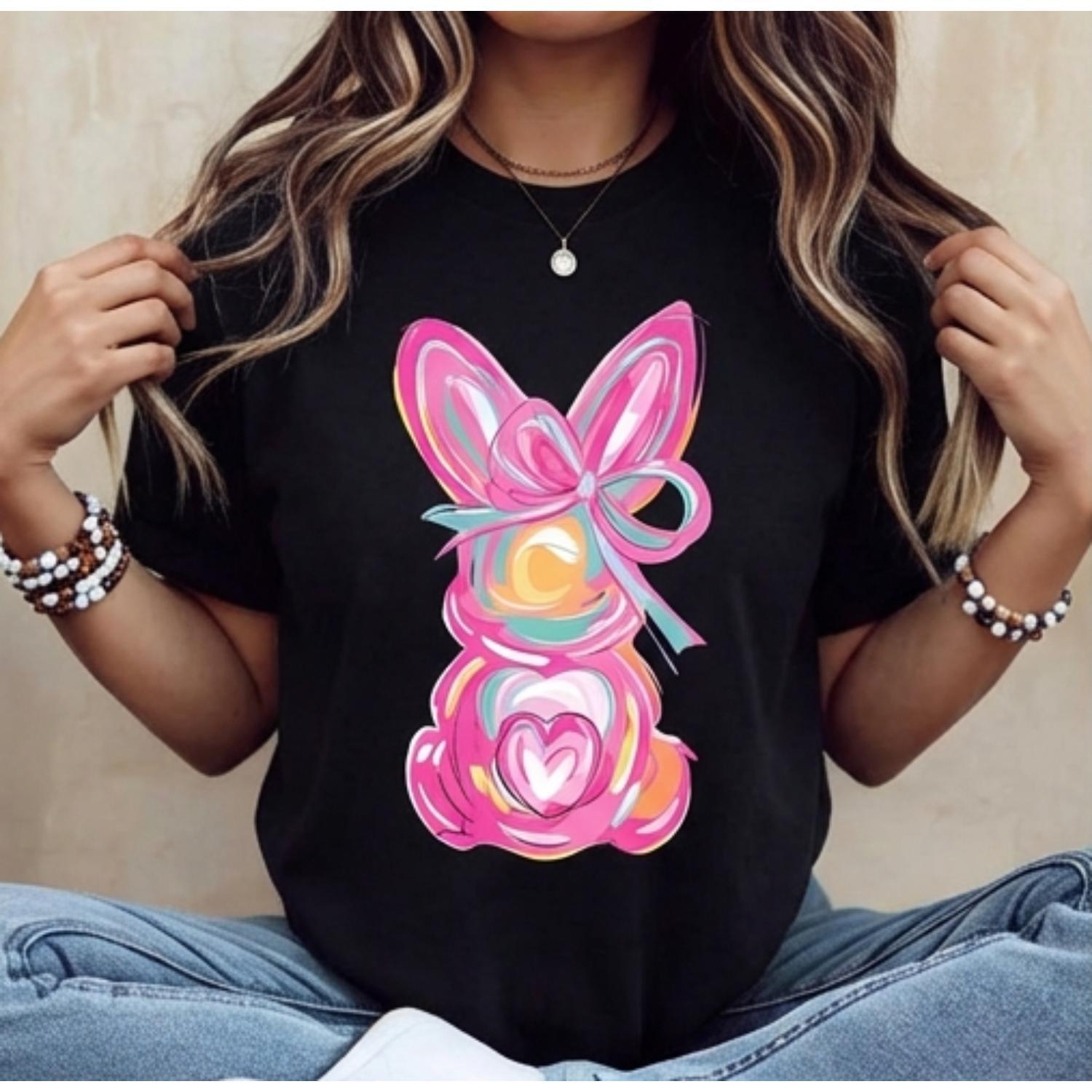 Casual Womens Round Neck Short Sleeve T Shirt Featuring Easter Bunny With Bow And Colorful Swirls Print Designed For Spring Festival And Holiday Wear Cute Holiday Fashion Tee