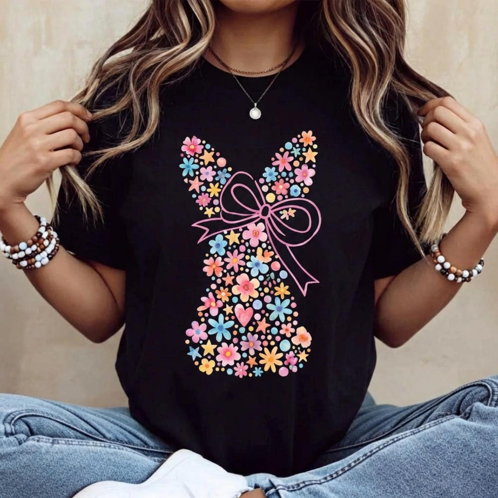 Casual Womens Round Neck Short Sleeve T Shirt Featuring Easter Bunny With Bow And Colorful Swirls Print Ideal For Spring Festival Holiday And Outdoor Lightweight Top