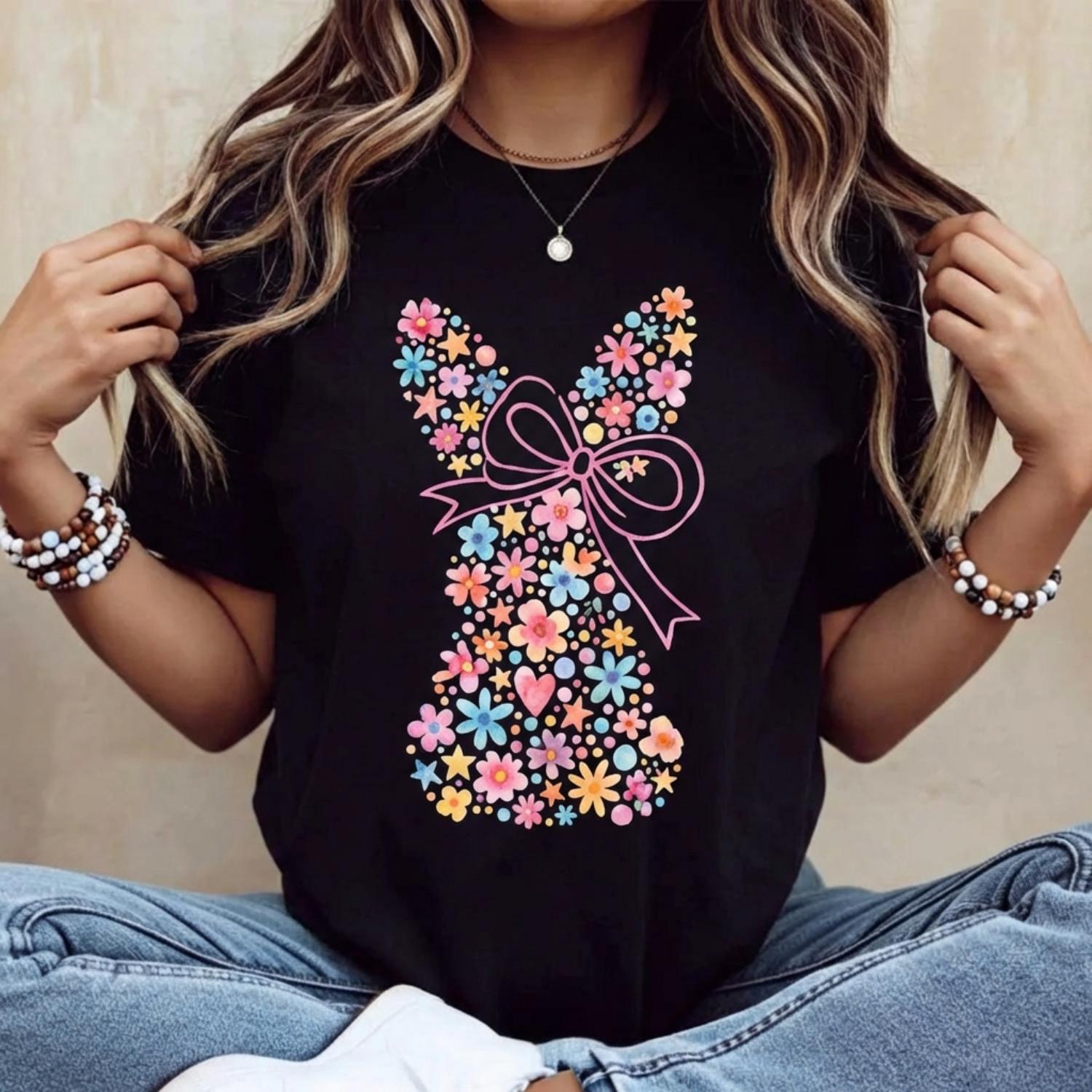 Casual Womens Round Neck Short Sleeve T Shirt Featuring Easter Bunny With Bow And Colorful Swirls Print Ideal For Spring Festival Holiday And Outdoor Lightweight Top