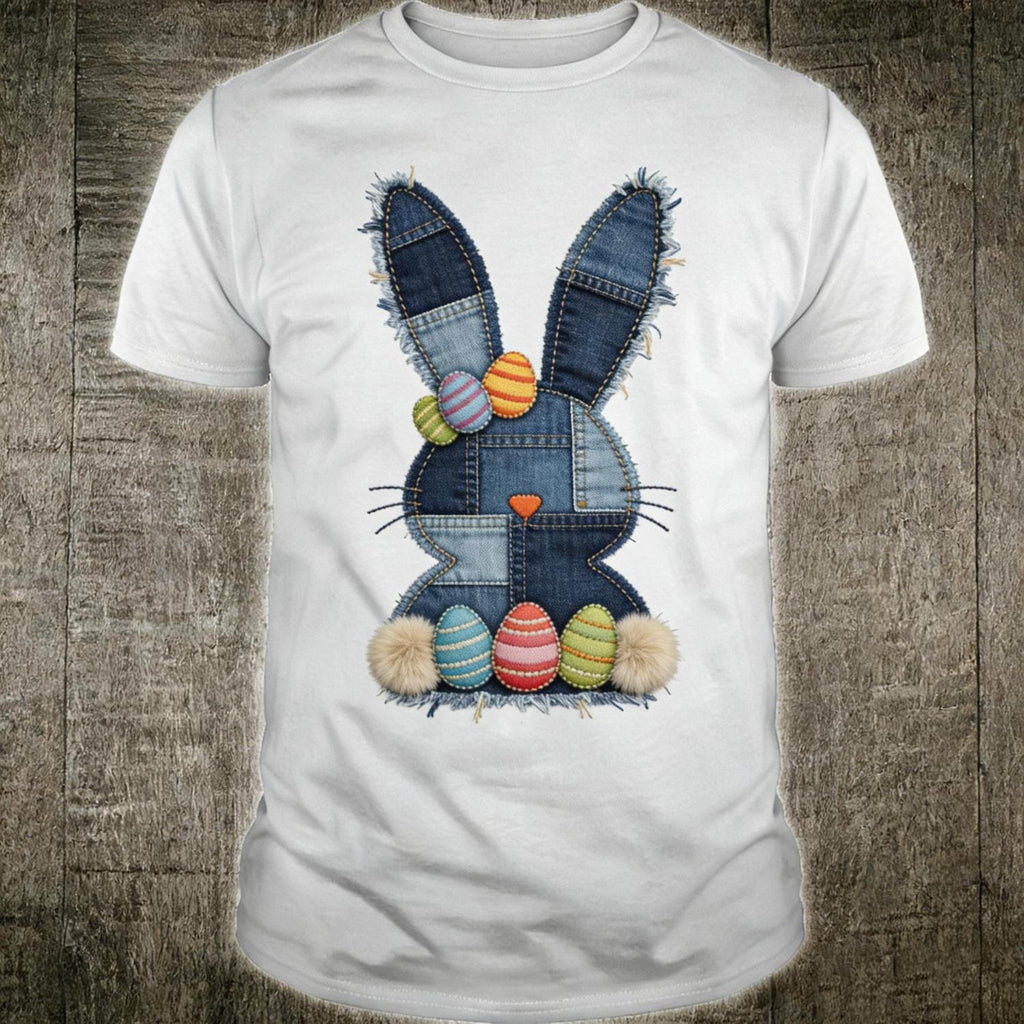 Cute Easter Bunny Tee Featuring Distressed Denim Patchwork Rabbit Design for Trendy Girls