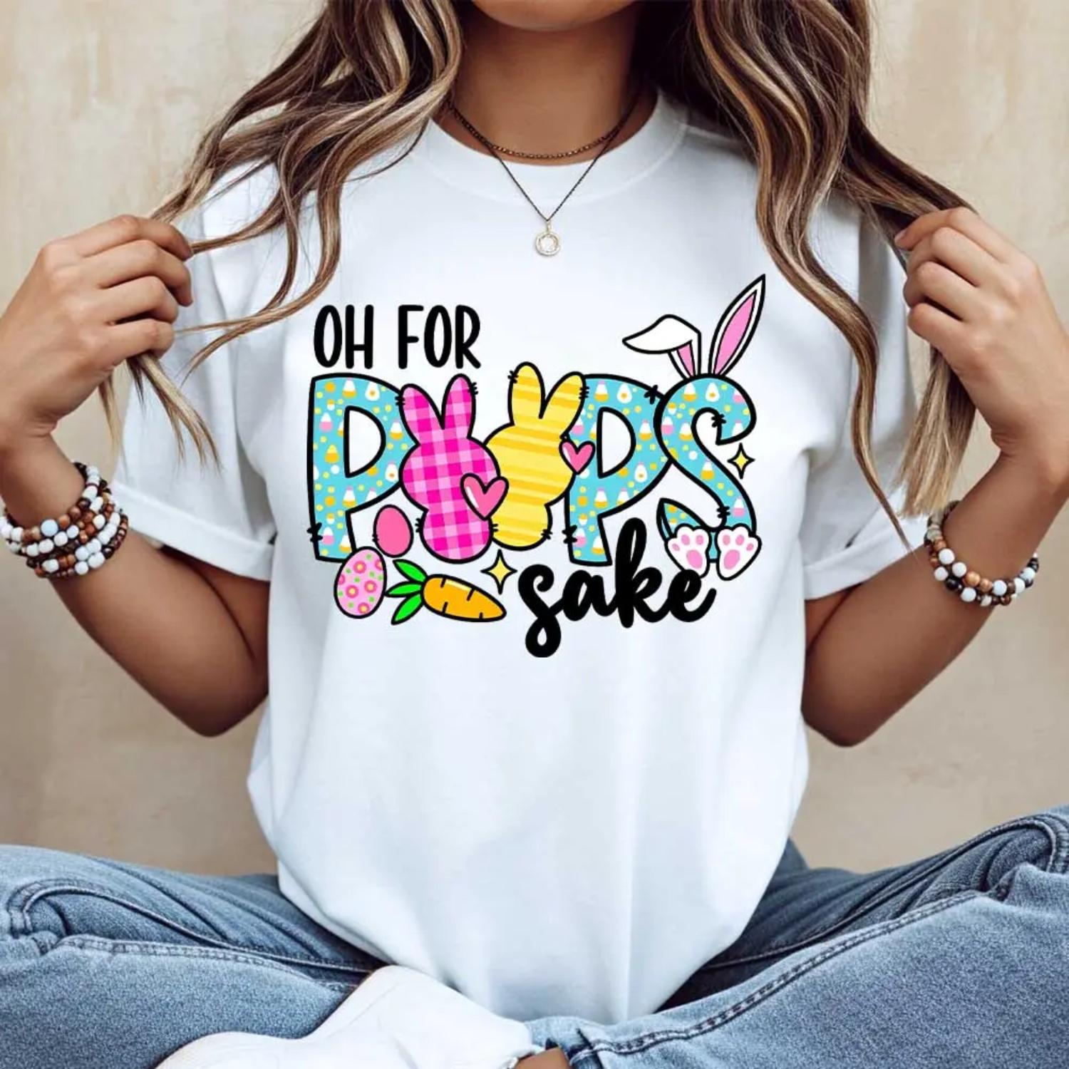 Oh For Pops Sake Easter Bunny Carrot Print T Shirt With Split Hem Casual Loose Fit Tee For Spring And Holiday Wear