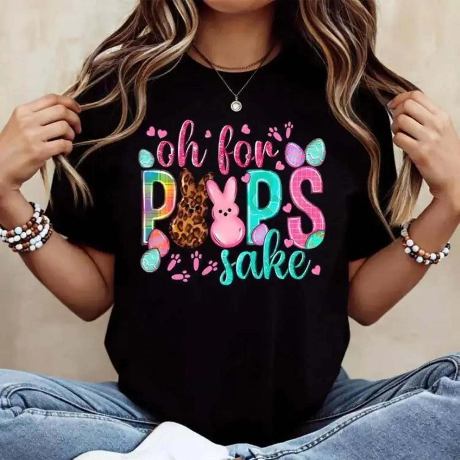 Oh For Peeps Sake Easter Bunny Rabbit Cotton T Shirt Womens Casual Round Neck Short Sleeve Regular Fit Summer Top Machine Washable Made Fashion Graphic Tee for Easter Party Fun Holiday Wear