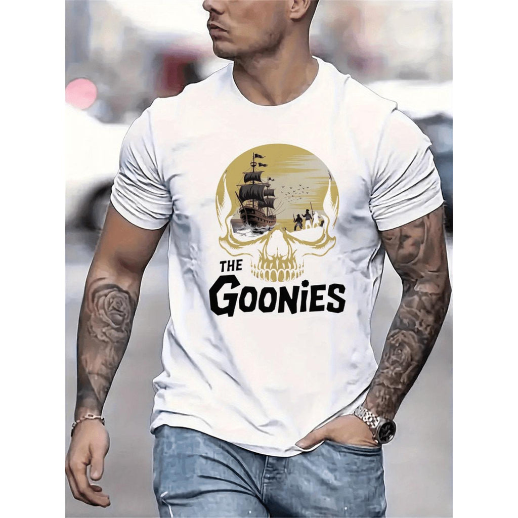 Black Mens Short Sleeve TShirt The Goonies Skull and Ship Graphic Lightweight Summer Casual Tee Regular Fit Round Neck Machine Washable Cute Everyday Outfit Retro Aesthetic Easy Care Printed Top Adult Men