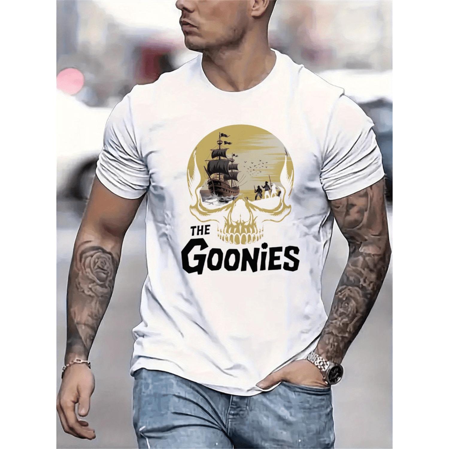 Black Mens Short Sleeve TShirt The Goonies Skull and Ship Graphic Lightweight Summer Casual Tee Regular Fit Round Neck Machine Washable Cute Everyday Outfit Retro Aesthetic Easy Care Printed Top Adult Men