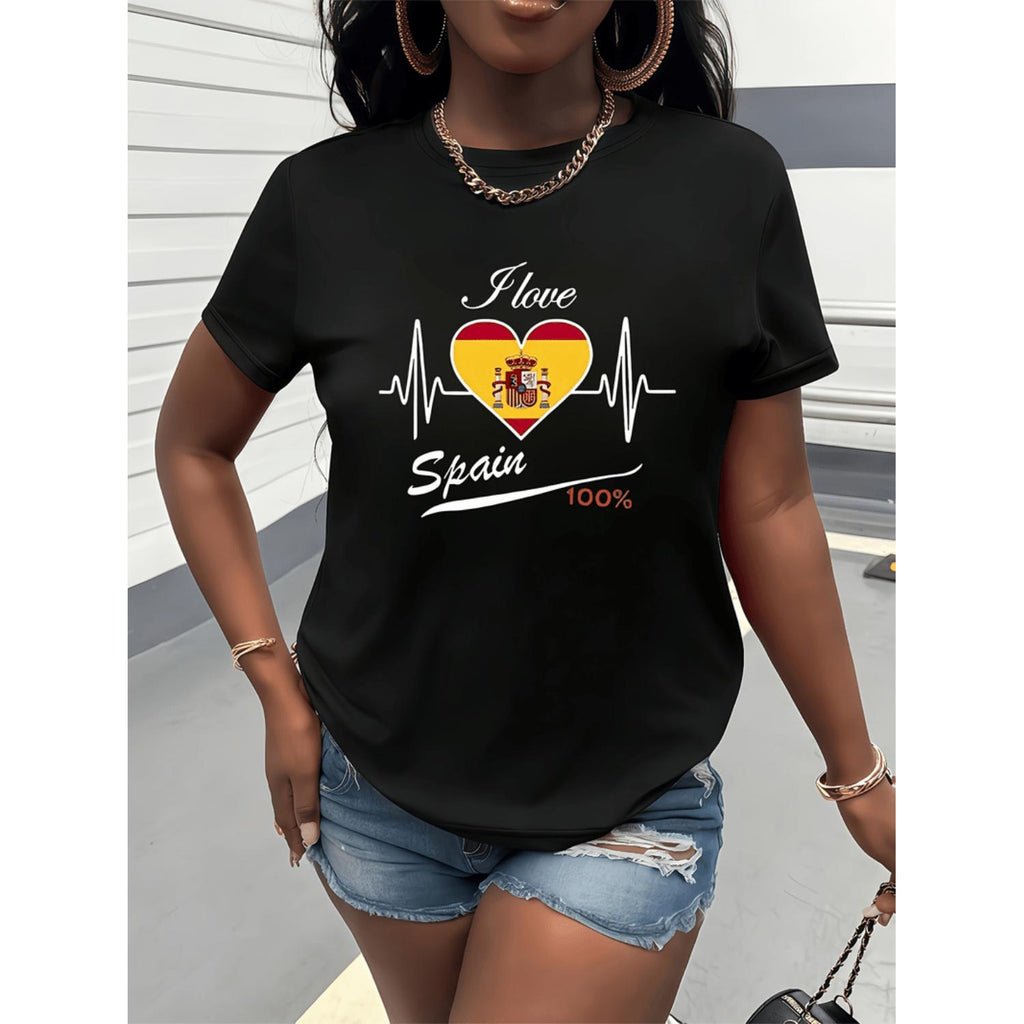 Womens Spain Flag Heartbeat Graphic Tee Maroon Crew Neck Casual Top Everyday Spanish Heritage Apparel Gift Machine Washable All Season Travel Friendly Fashion Statement Comfortable Fit Shirt