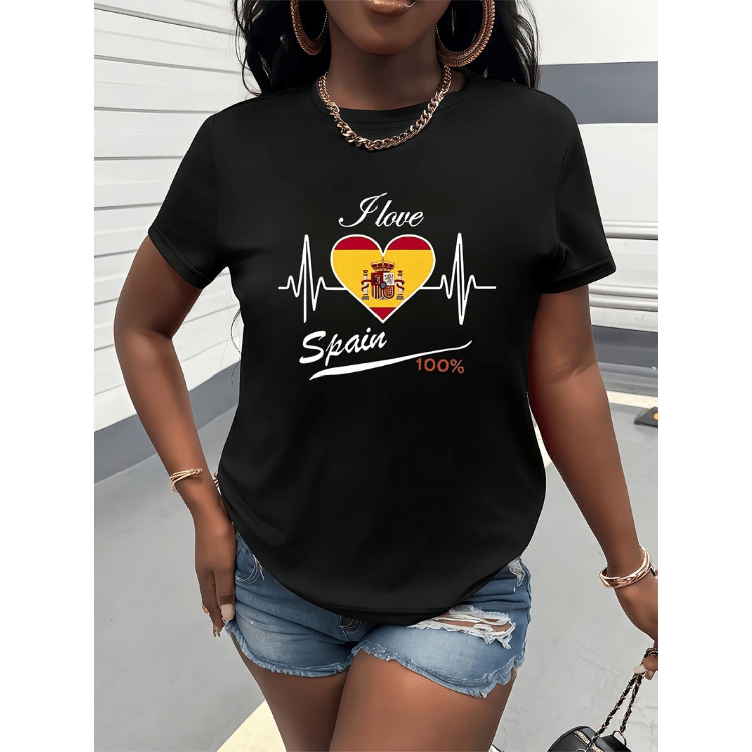 Womens Spain Flag Heartbeat Graphic Tee Maroon Crew Neck Casual Top Everyday Spanish Heritage Apparel Gift Machine Washable All Season Travel Friendly Fashion Statement Comfortable Fit Shirt