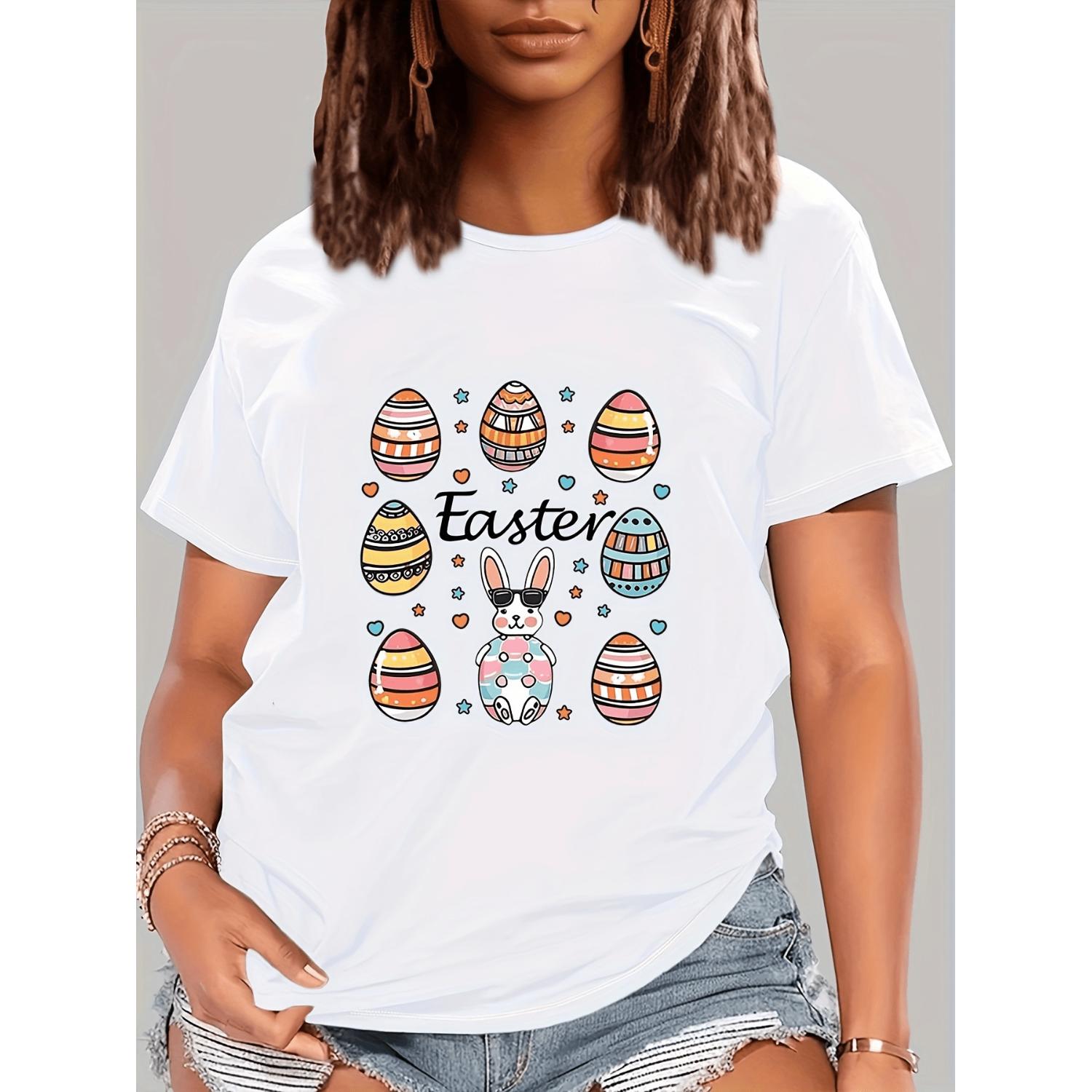 Easter Women's Graphic T-Shirt Soft Relaxed Fit Short Sleeve Bunny and Colorful Egg Print Round Neck Casual Summer Top Machine Washable Ladies Tee
