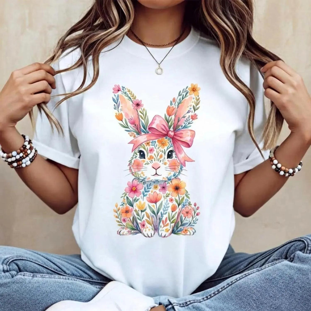 Casual Womens Round Neck Short Sleeve Tee Featuring Easter Bunny with Pink Bow and Colorful Swirls Print Ideal for Spring Festivals and Outdoor Leisure