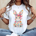 Casual Womens Round Neck Short Sleeve Tee Featuring Easter Bunny with Pink Bow and Colorful Swirls Print Ideal for Spring Festivals and Outdoor Leisure