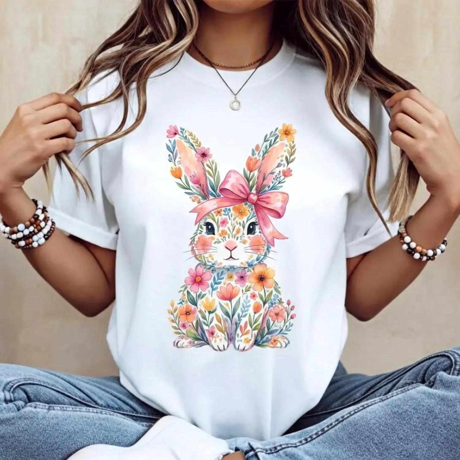 Casual Womens Round Neck Short Sleeve Tee Featuring Easter Bunny with Pink Bow and Colorful Swirls Print Ideal for Spring Festivals and Outdoor Leisure