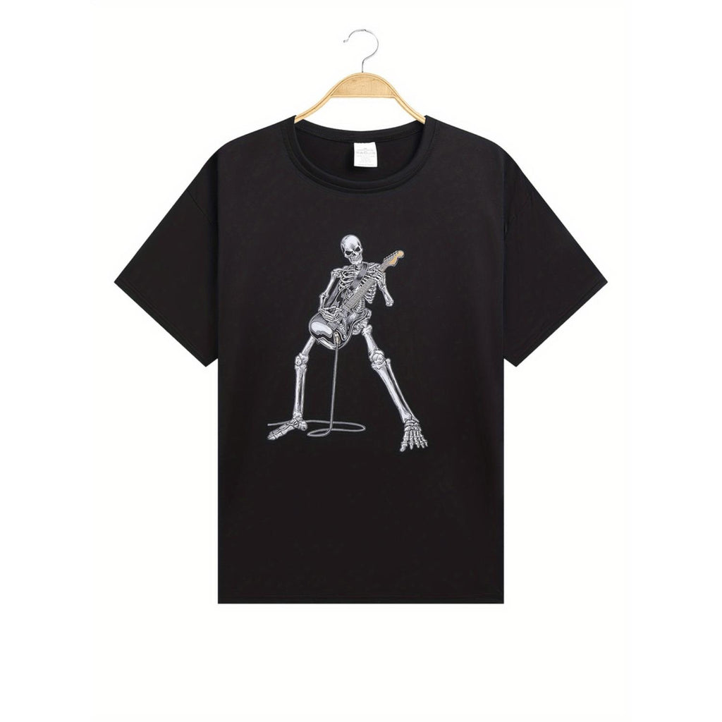 Joyful Skeleton Guitarist and Ramen Print Short Sleeve T Shirt for Men
