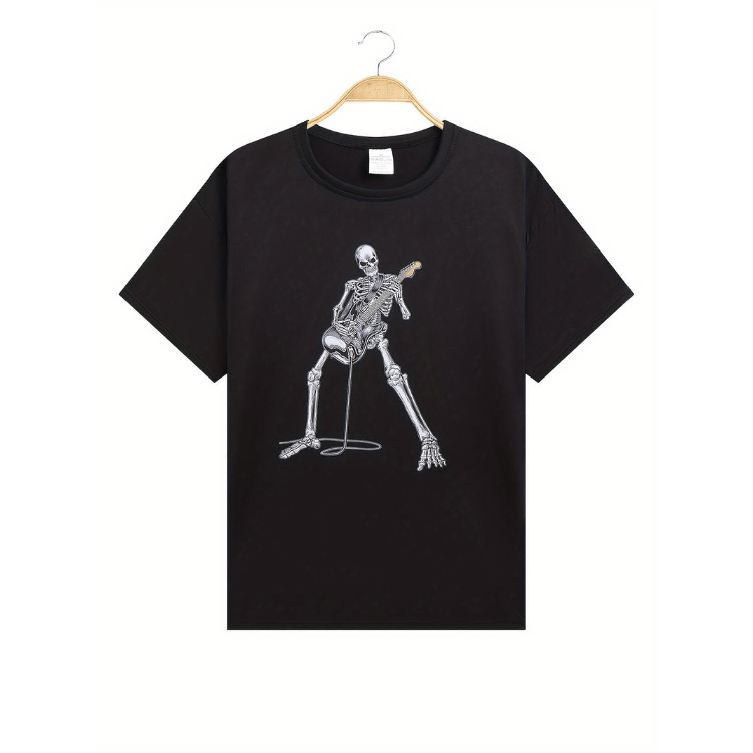 Joyful Skeleton Guitarist and Ramen Print Short Sleeve T Shirt for Men