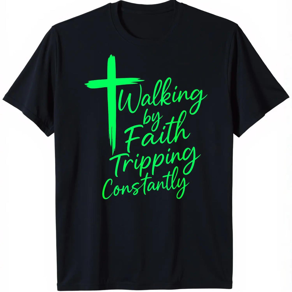 Unisex Christian Faith Humor Graphic Tee with Vintage Walking By Faith Design and Funny Christian Quote Casual T Shirt for Men and Women White T Shirt