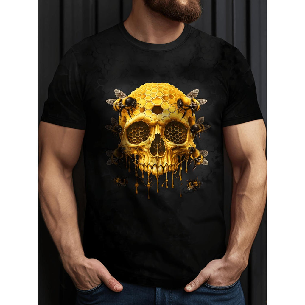 Mens Gothic Honeycomb Bee Skull Graphic TShirt Black and Golden Casual Shirt with Breathable Mesh Fabric Edgy Streetwear for Everyday and Halloween Outfits Machine Washable Regular Fit Tee Bold Graphic Tee