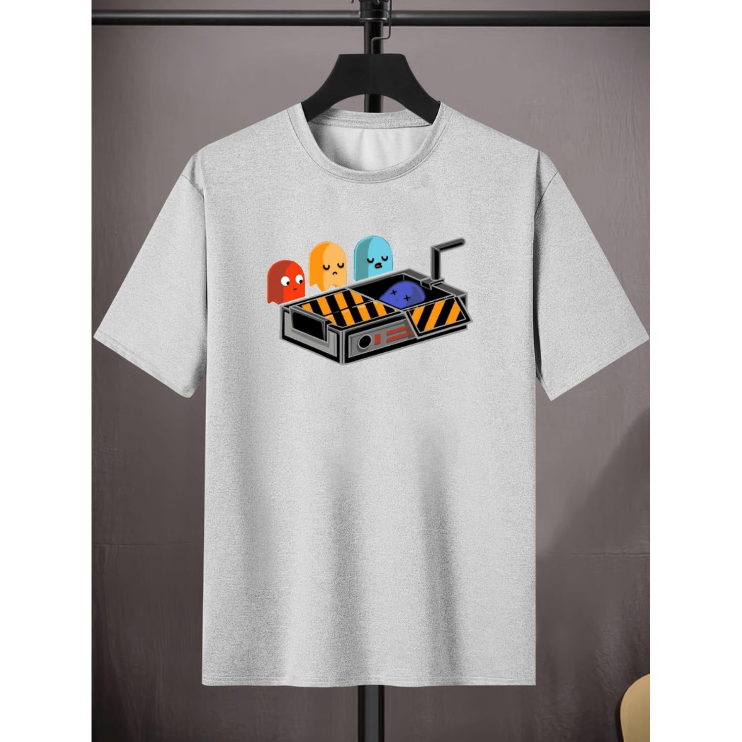 Mens Plus Size Retro Arcade Gaming Graphic TShirt Vibrant Yellow MidStretch Crew Neck Tee with Pixel Art Design Lightweight Summer Casual Top for Adult Gamers Nontransparent Fabric Plus Size