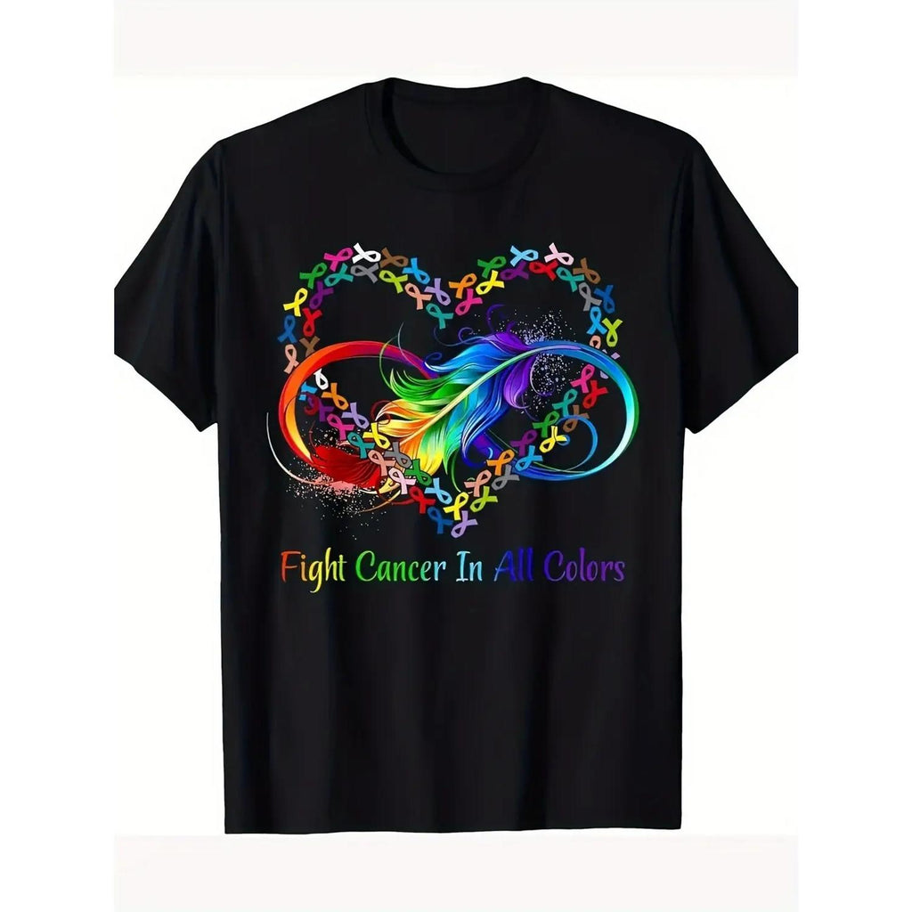 Fight Cancer All Colors T-Shirt Round Neck Cotton Short Sleeve Unisex Family T Shirt Humorous Gift Comfortable Fit Breathable Fabric Year Round Wear
