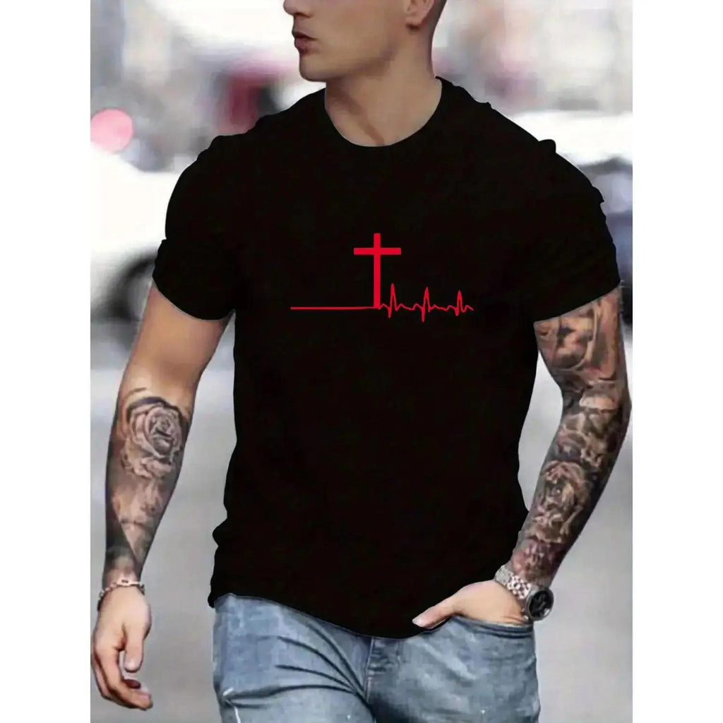 Mens Cross Pulse Print Knit Polyester Blend Crew Neck TShirt Regular Fit Slight Stretch and Breathable Comfort for Seasonal Casual Wear