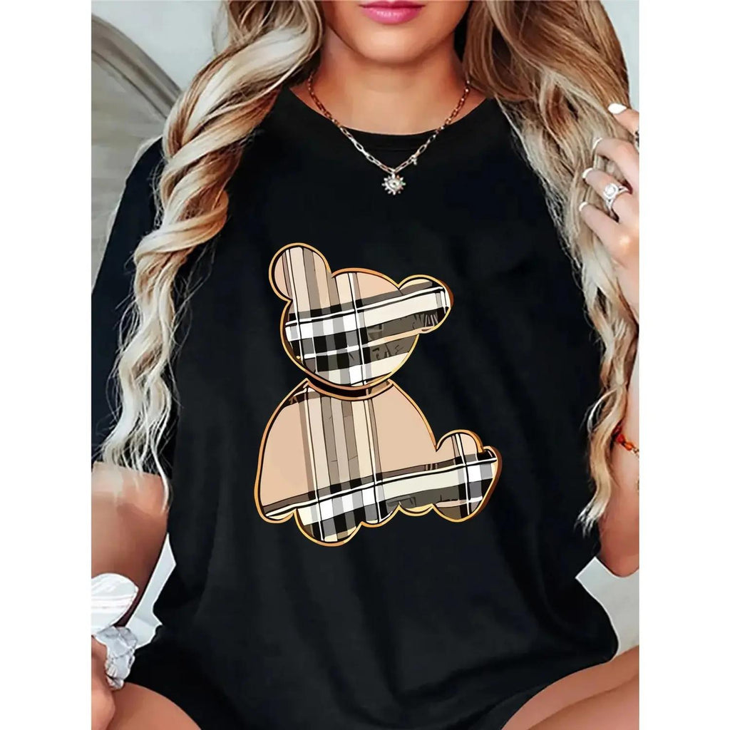 Women's Cartoon Bear and Plaid Graphic Cotton T-Shirt Loose Fit Short Sleeve Round Neck Breathable Summer Casual Top for Daily Wear and Parties Machine Washable Bear T Shirt Relaxed Fit Tee Comfortable Tee