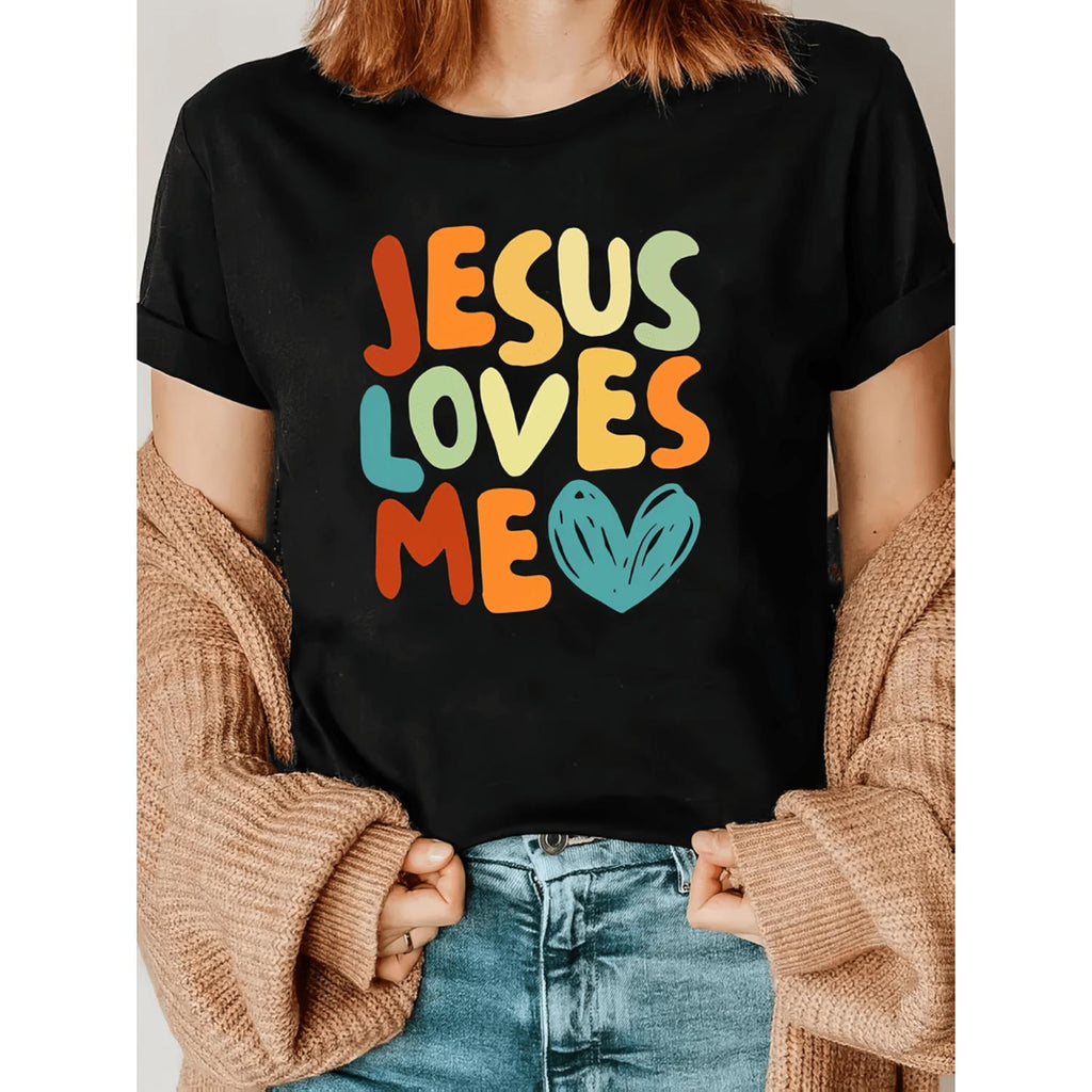 Womens Casual Black Short Sleeve Crew Neck TShirt Featuring Colorful Lettering And Heart Graphic Lightweight Comfortable Relaxed Fit Summer Spring Tee
