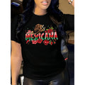 Vibrant Mexican Letter Print Cotton Crew Neck T Shirt For Women Regular Fit Short Sleeve Casual Travel Holiday Tee Black XL