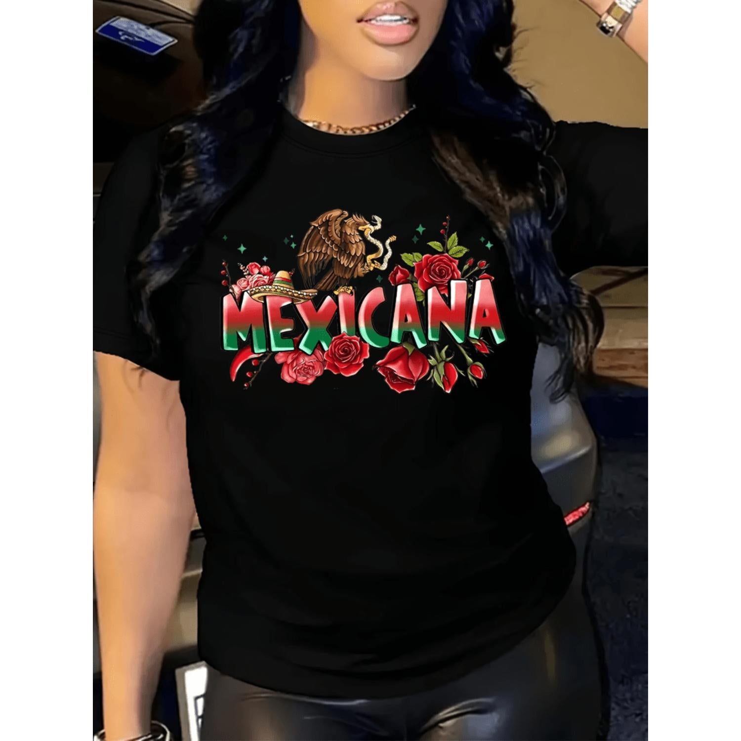 Vibrant Mexican Letter Print Cotton Crew Neck T Shirt For Women Regular Fit Short Sleeve Casual Travel Holiday Tee Black XL