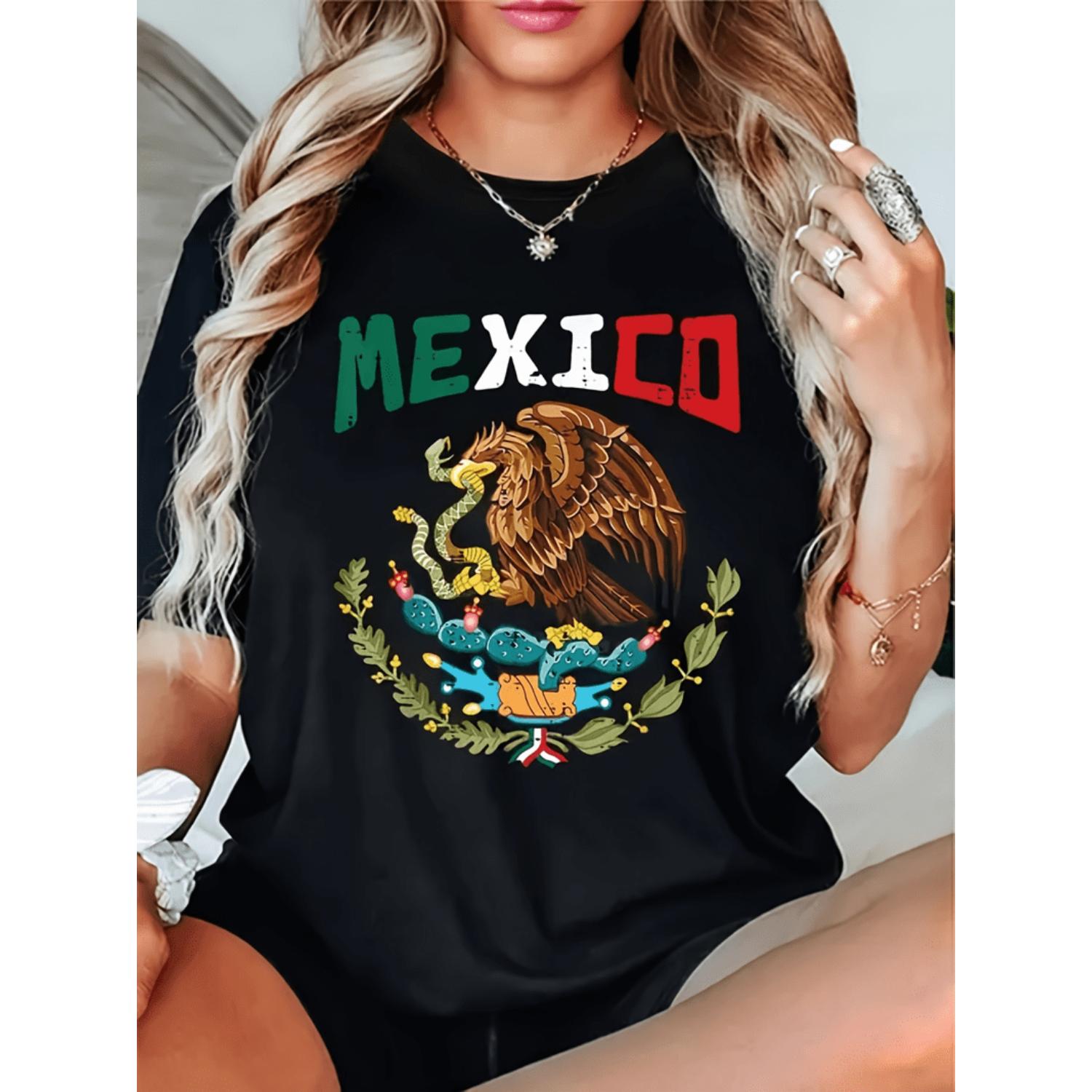Womens Mexico Graphic Print TShirt Short Sleeve Crew Neck Casual Top Featuring Vibrant Eagle and Serpent Design Lightweight Summer Spring Tee Machine Washable Regular Fit Travel Apparel with Cultural Motif