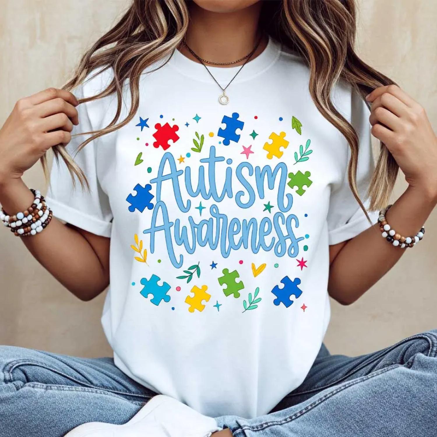 Autism Awareness Puzzle Pieces and Stars Design White Crewneck T Shirt for Support Events and Daily Wear