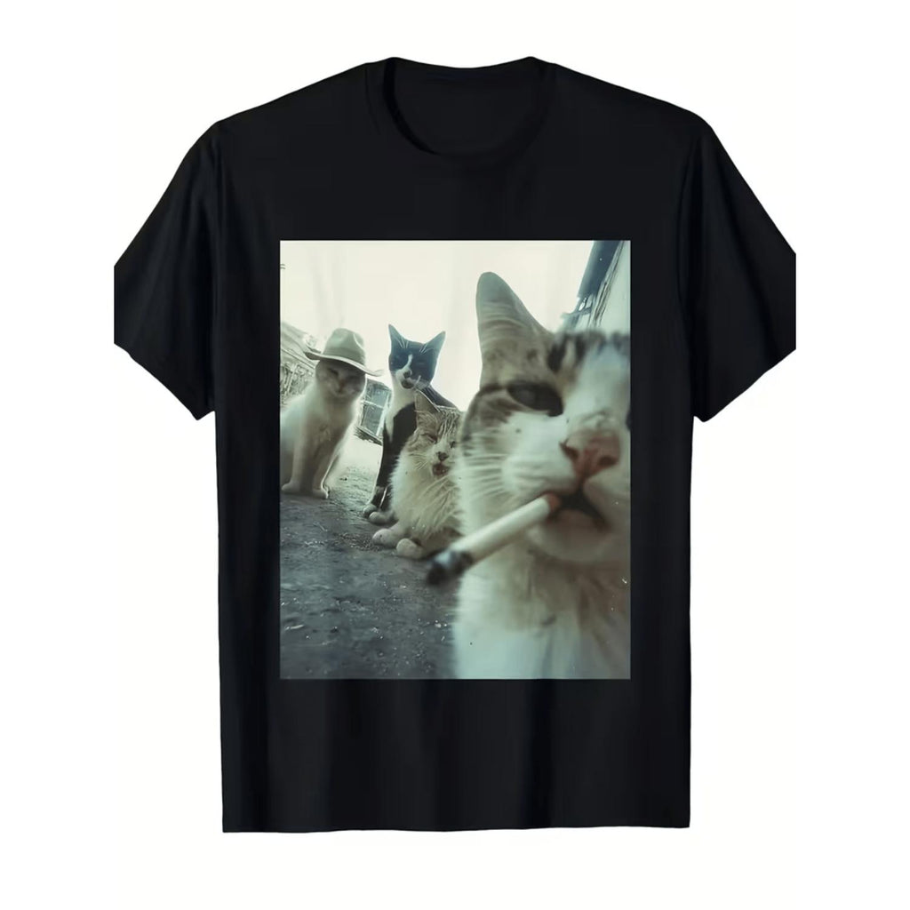 Humorous Men's Graphic T shirt with Smoking and Tabby Design Versatile All Season Casual and Formal Wear Machine Washable Black Tee Ideal for Gym Travel and Beach Fun Birthday or Daily Outfit Playful Style