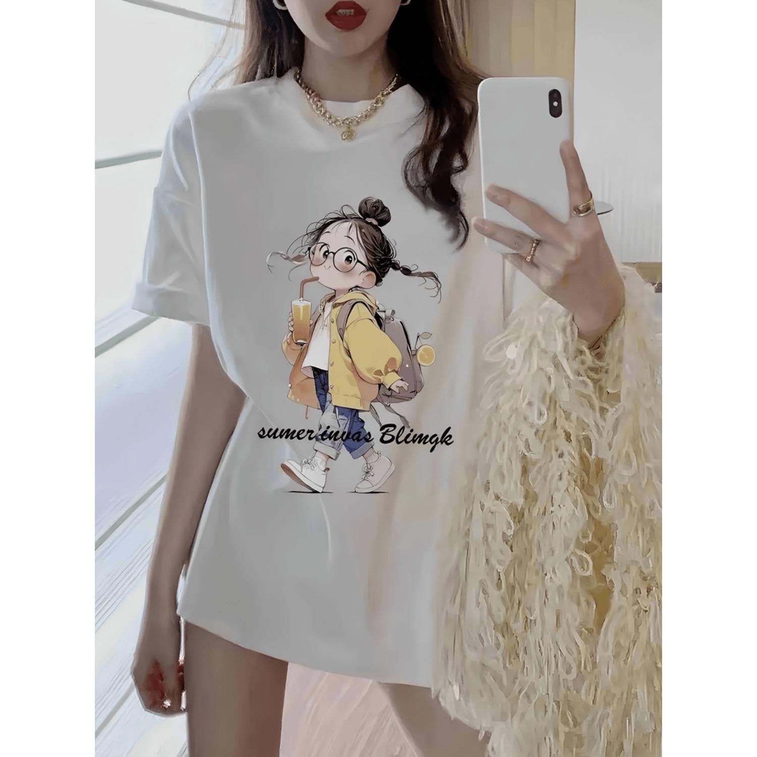 Casual Women's Crew Neck T Shirt Featuring Playful Illustration Ideal for Summer and Spring Easy Breathable Lightweight Top