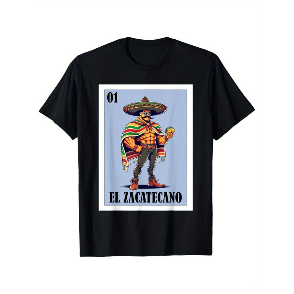 Vibrant Mexican Design Men's El Zacatecano T Shirt Made from 100 Percent Cotton Breathable Comfortable Short Sleeve Round Neck Perfect for Daily Wear Sports and Festivals Available in Black Sizes Small to XXX Large