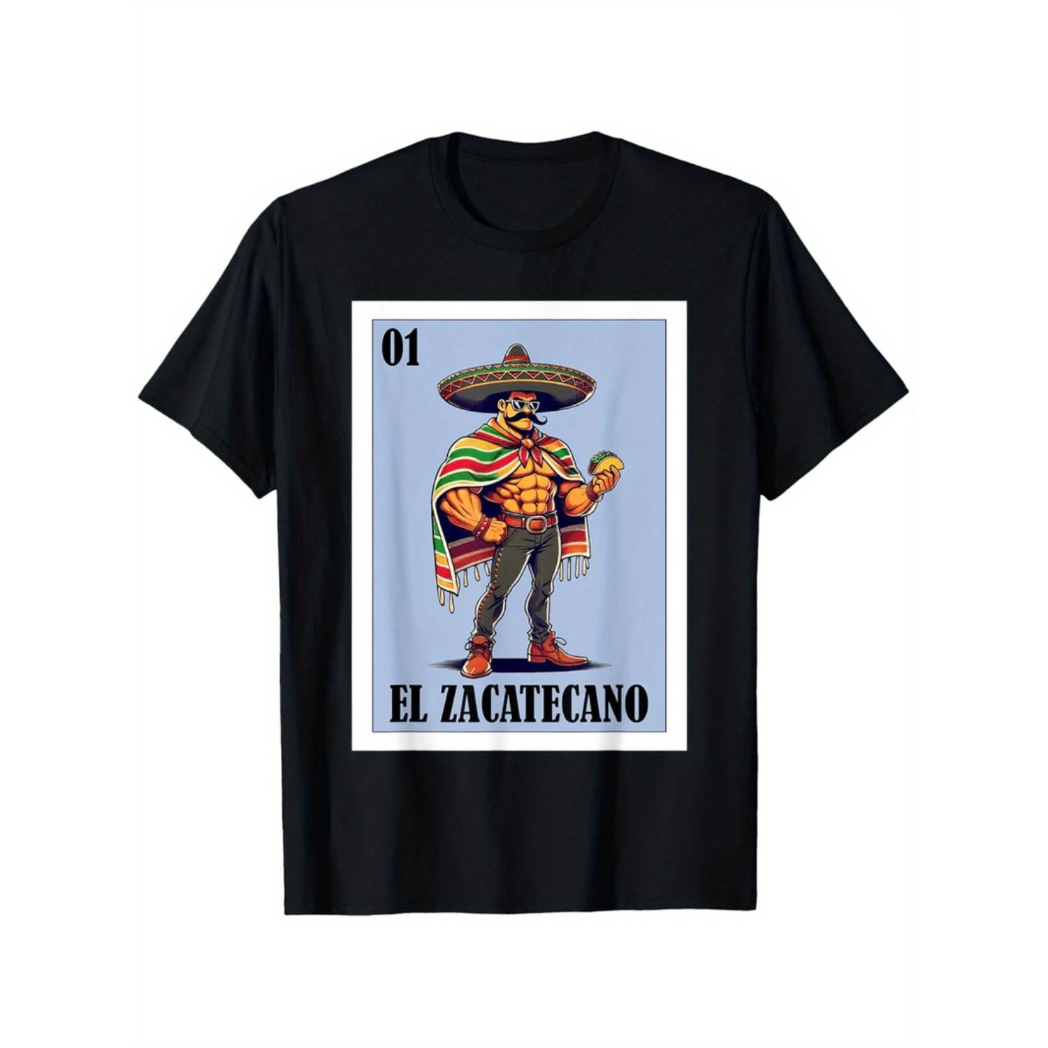 Vibrant Mexican Design Men's El Zacatecano T Shirt Made from 100 Percent Cotton Breathable Comfortable Short Sleeve Round Neck Perfect for Daily Wear Sports and Festivals Available in Black Sizes Small to XXX Large