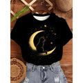 Women's Navy Blue TShirt Featuring a Cute Black Cat on Crescent Moon and Stars Night Sky Graphic Perfect for Casual Wear Halloween and Themed Parties Soft Polyester NonTransparent Machine Washable