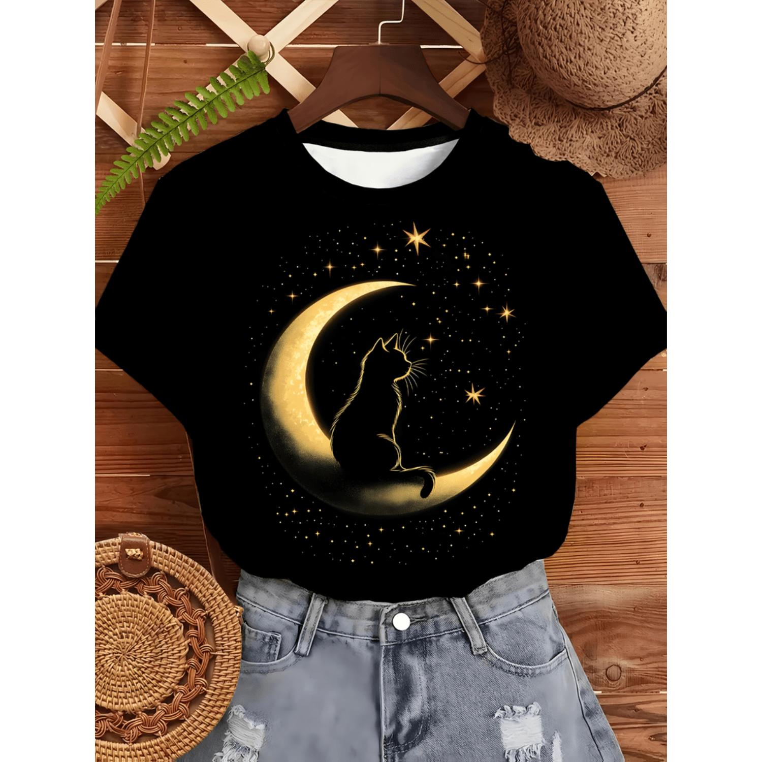 Women's Navy Blue TShirt Featuring a Cute Black Cat on Crescent Moon and Stars Night Sky Graphic Perfect for Casual Wear Halloween and Themed Parties Soft Polyester NonTransparent Machine Washable
