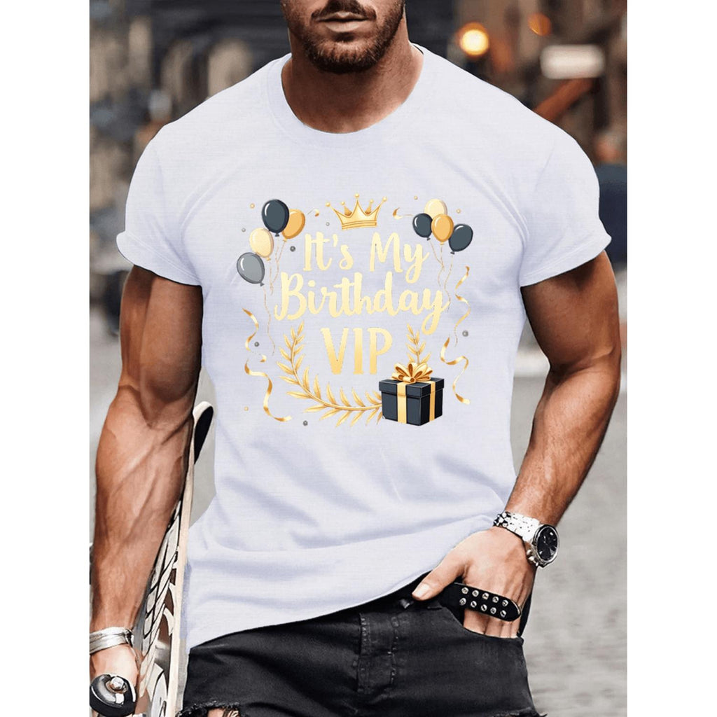 Mens Its My Birthday VIP Graphic Tee Blue Casual Short Sleeve TShirt with Crown Balloons and Gift Box Design Perfect for Summer Celebrations and Casual Wear Playful Print Comfortable Fit Birthday Party Shirt