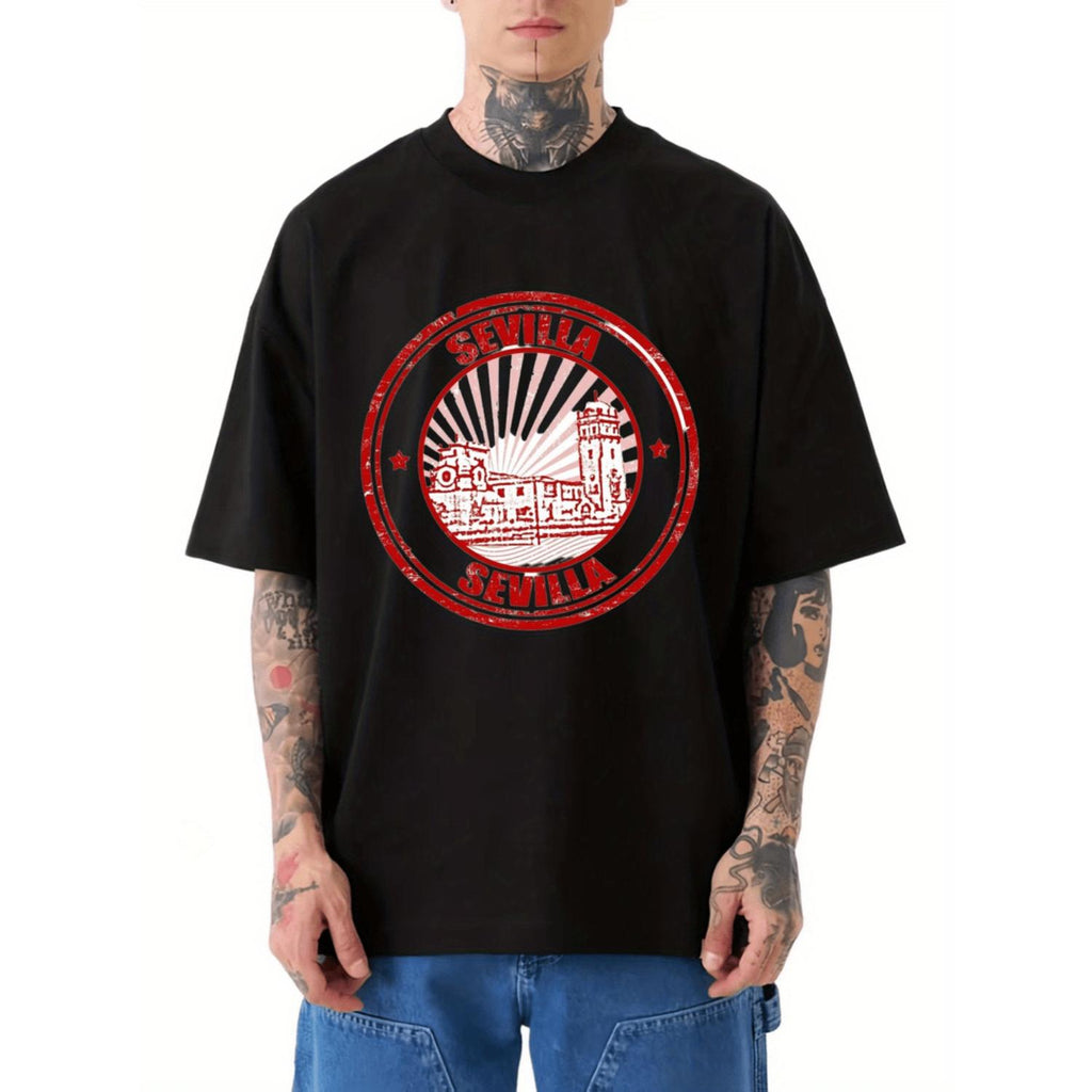 Mens Sevilla Spain City Map TShirt Heavyweight Cotton Featuring Iconic Landmarks Plaza de Toros Giralda Tower LogoPrint AllSeason Casual Round Neck Tee Celebrating Spanish Culture