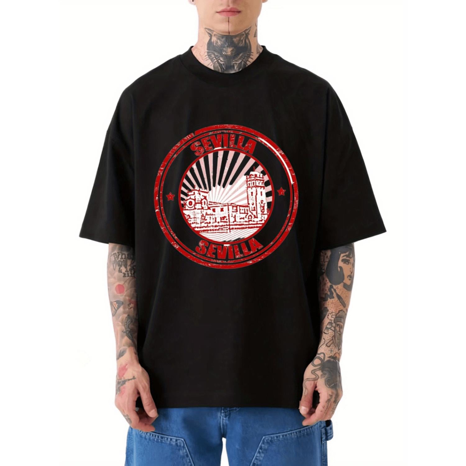 Mens Sevilla Spain City Map TShirt Heavyweight Cotton Featuring Iconic Landmarks Plaza de Toros Giralda Tower LogoPrint AllSeason Casual Round Neck Tee Celebrating Spanish Culture
