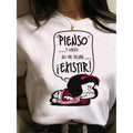 Womens White Cartoon Graphic Print Tee Short Sleeve Crew Neck Casual Top Featuring Spanish Quote No Me Puedo Dejar De Existir Medium Stretch Machine Washable All Season Comfort Nontransparent Fabric