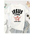 Casual Graphic TShirt for Women Featuring Humorous Jesus Is Coming Look Busy Print Stretchy Polyester Spandex Blend Rounded Neck Short Sleeve Machine Washable Seasonal Essential Easy Fit